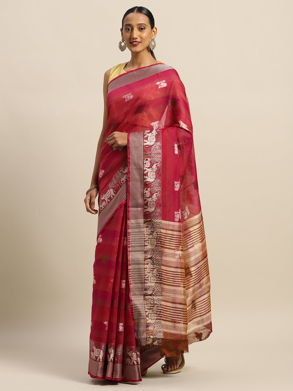 Women's Magenta Cotton Handloom Zari Work Traditional Saree - Sangam Prints