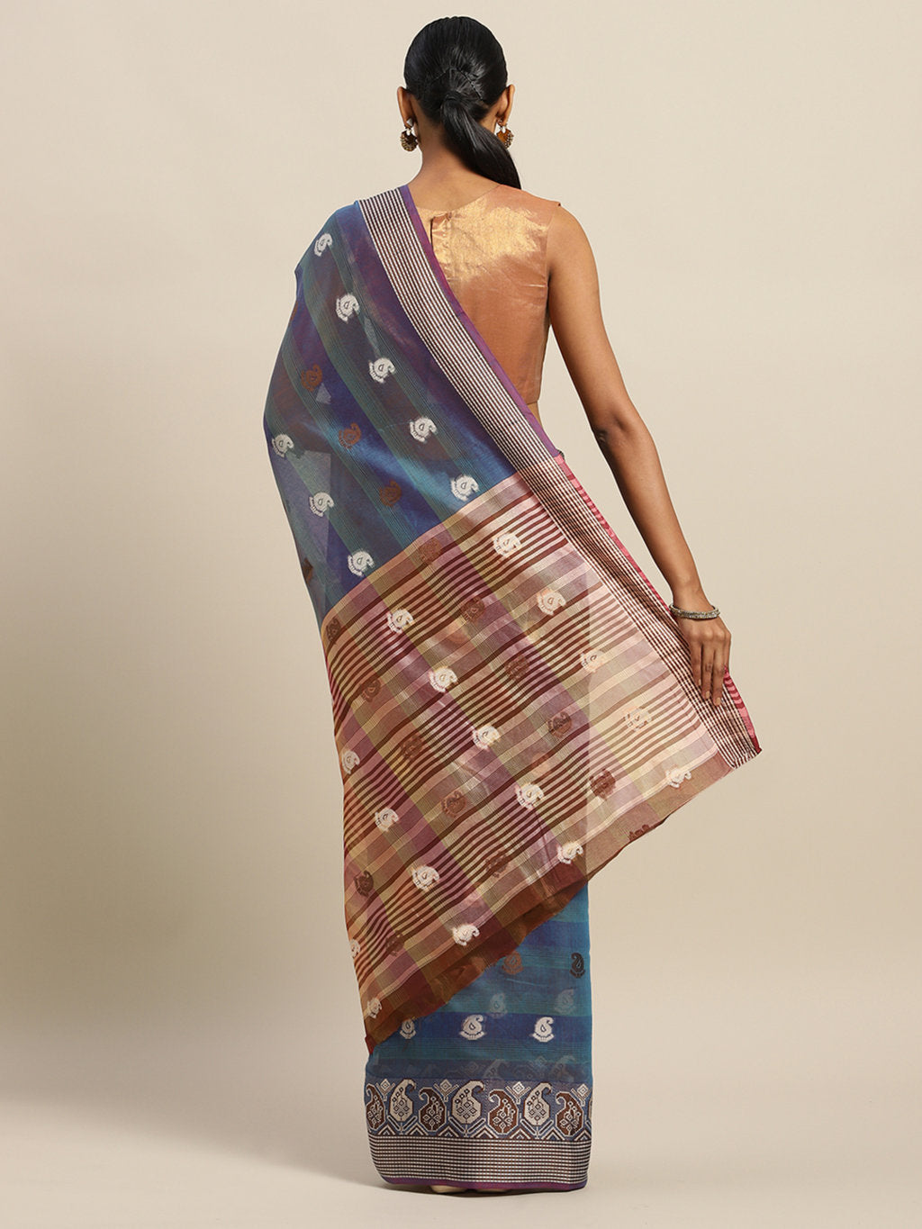 Women's Turquoise Cotton Handloom Zari Work Traditional Saree - Sangam Prints