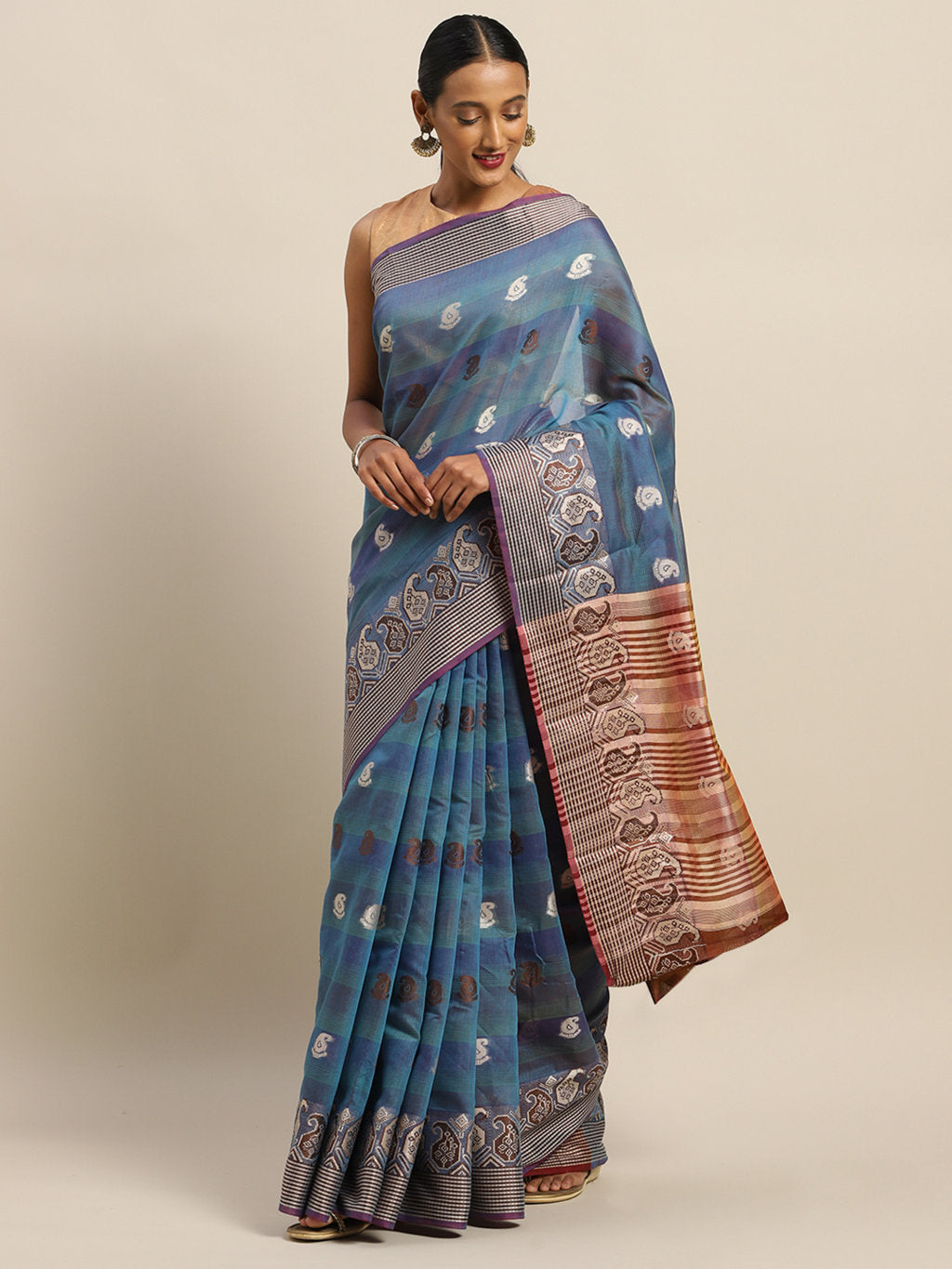 Women's Turquoise Cotton Handloom Zari Work Traditional Saree - Sangam Prints