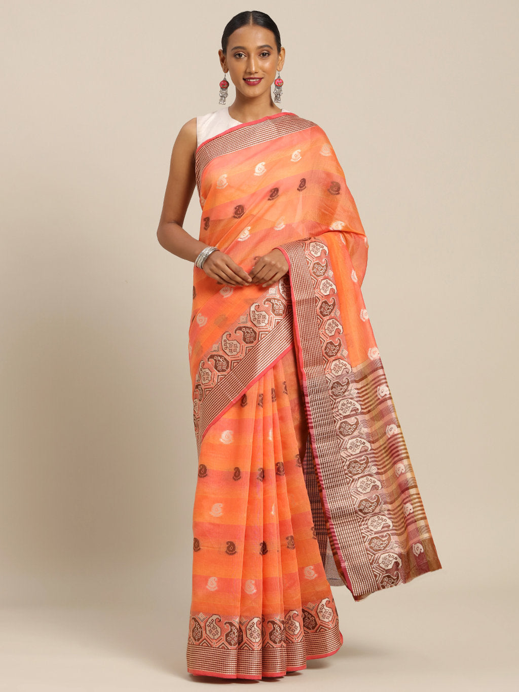 Women's Peach Cotton Handloom Zari Work Traditional Saree - Sangam Prints