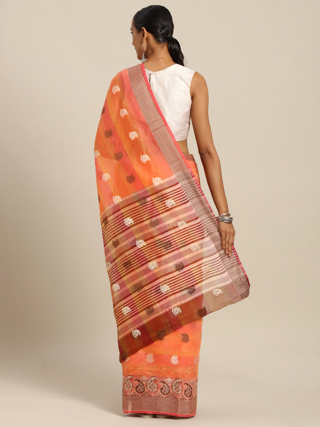 Women's Peach Cotton Handloom Zari Work Traditional Saree - Sangam Prints