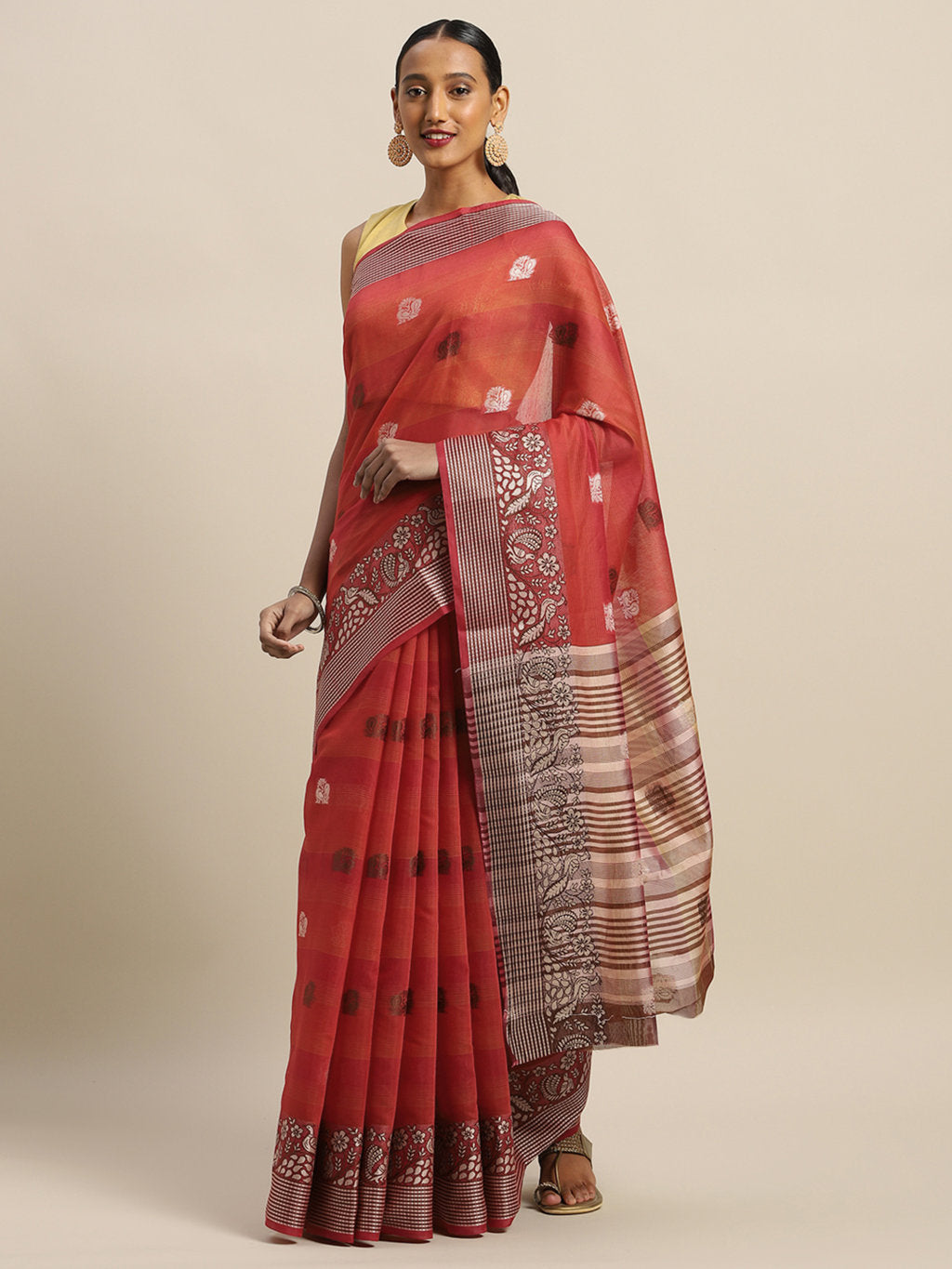 Women's Red Cotton Handloom Zari Work Traditional Saree - Sangam Prints