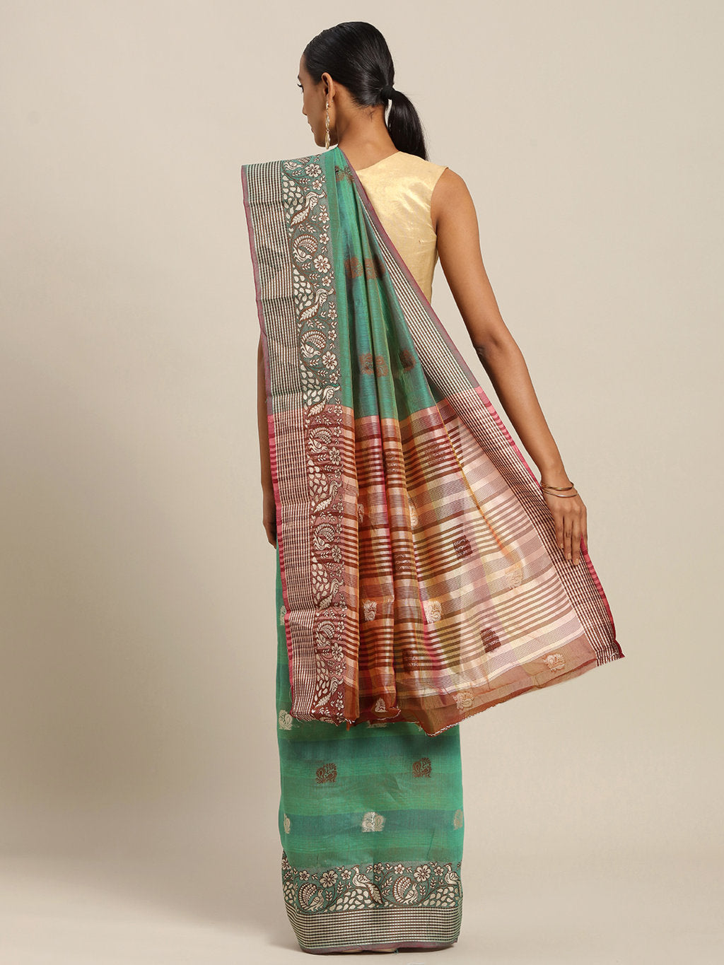 Women's Green Cotton Handloom Zari Work Traditional Saree - Sangam Prints
