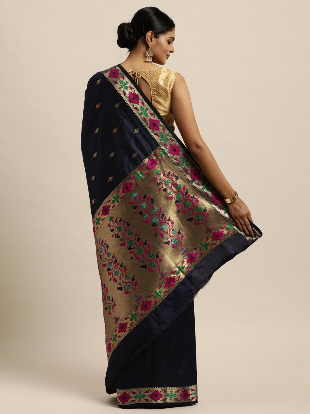 Women's Navy Blue Silk Woven Work Traditional Saree - Sangam Prints
