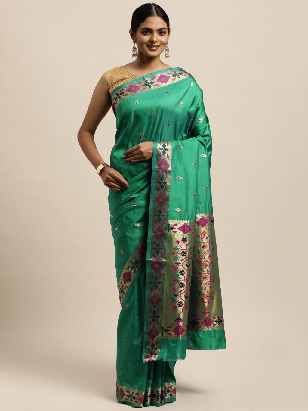 Women's Rama Green Silk Woven Work Traditional Saree - Sangam Prints