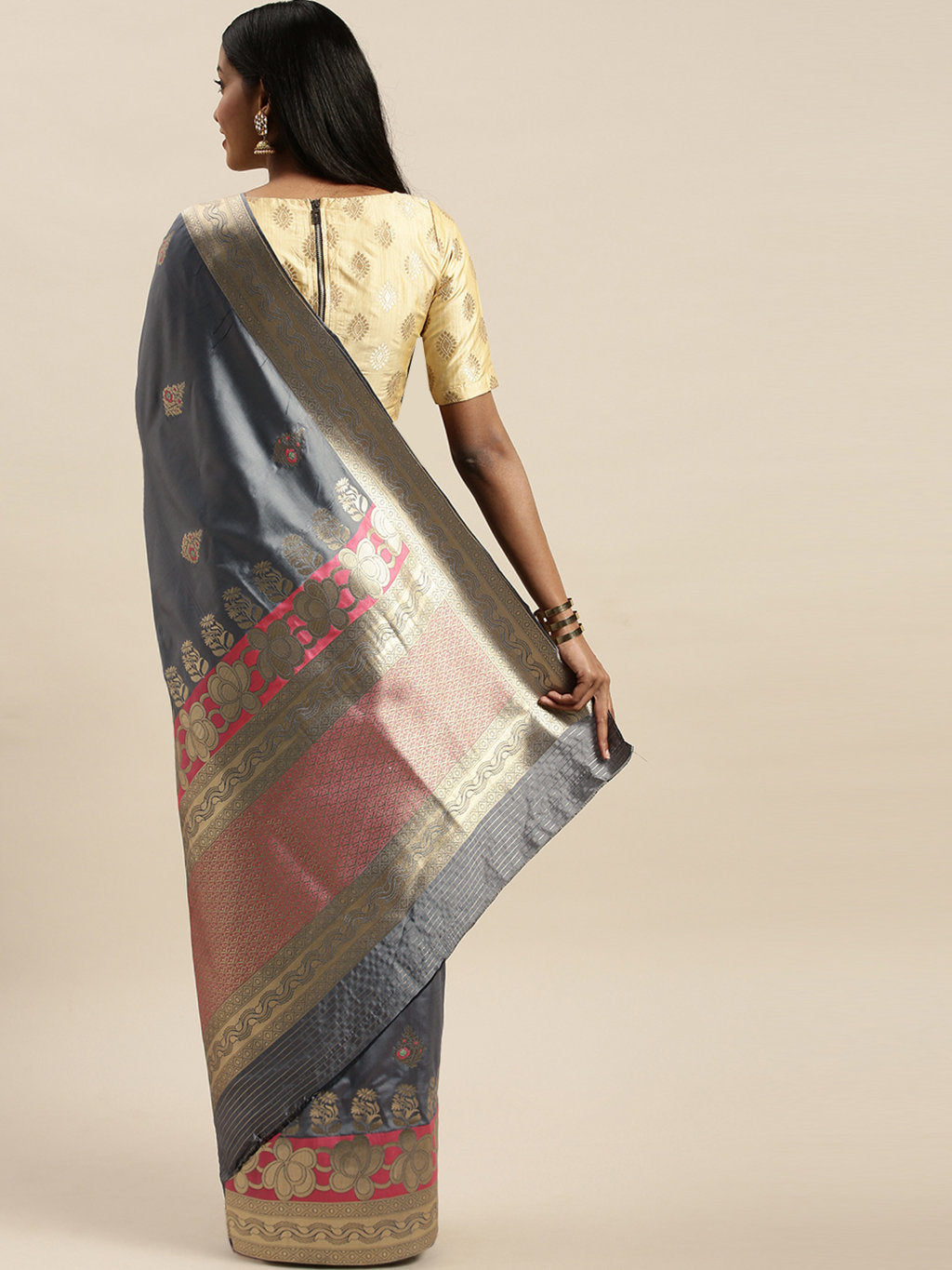Women's Grey Jacquard Silk Jacquard Work Traditional Saree - Sangam Prints