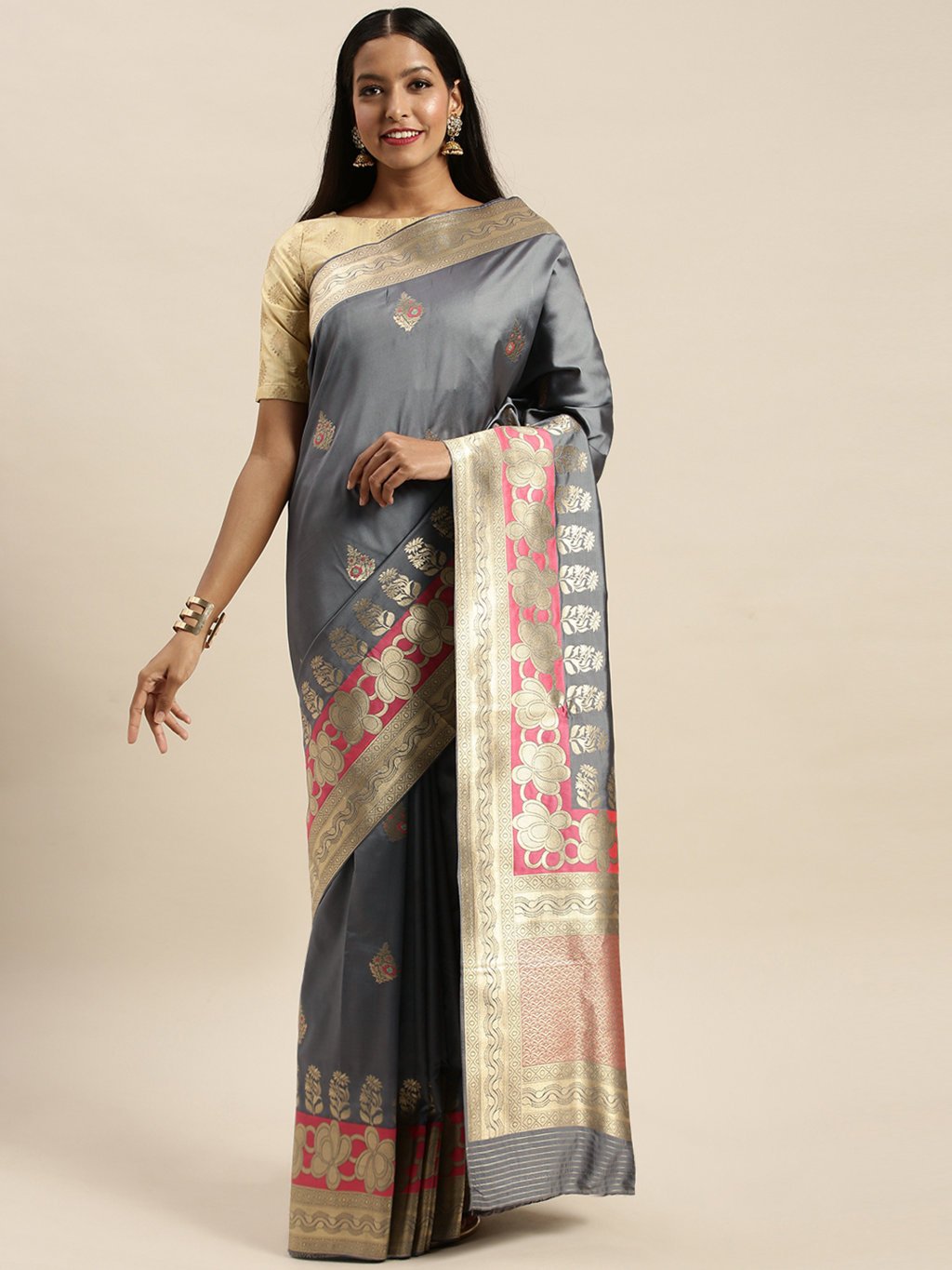 Women's Prints Grey Jacquard Silk Jacquard Work Traditional Saree - Sangam Prints