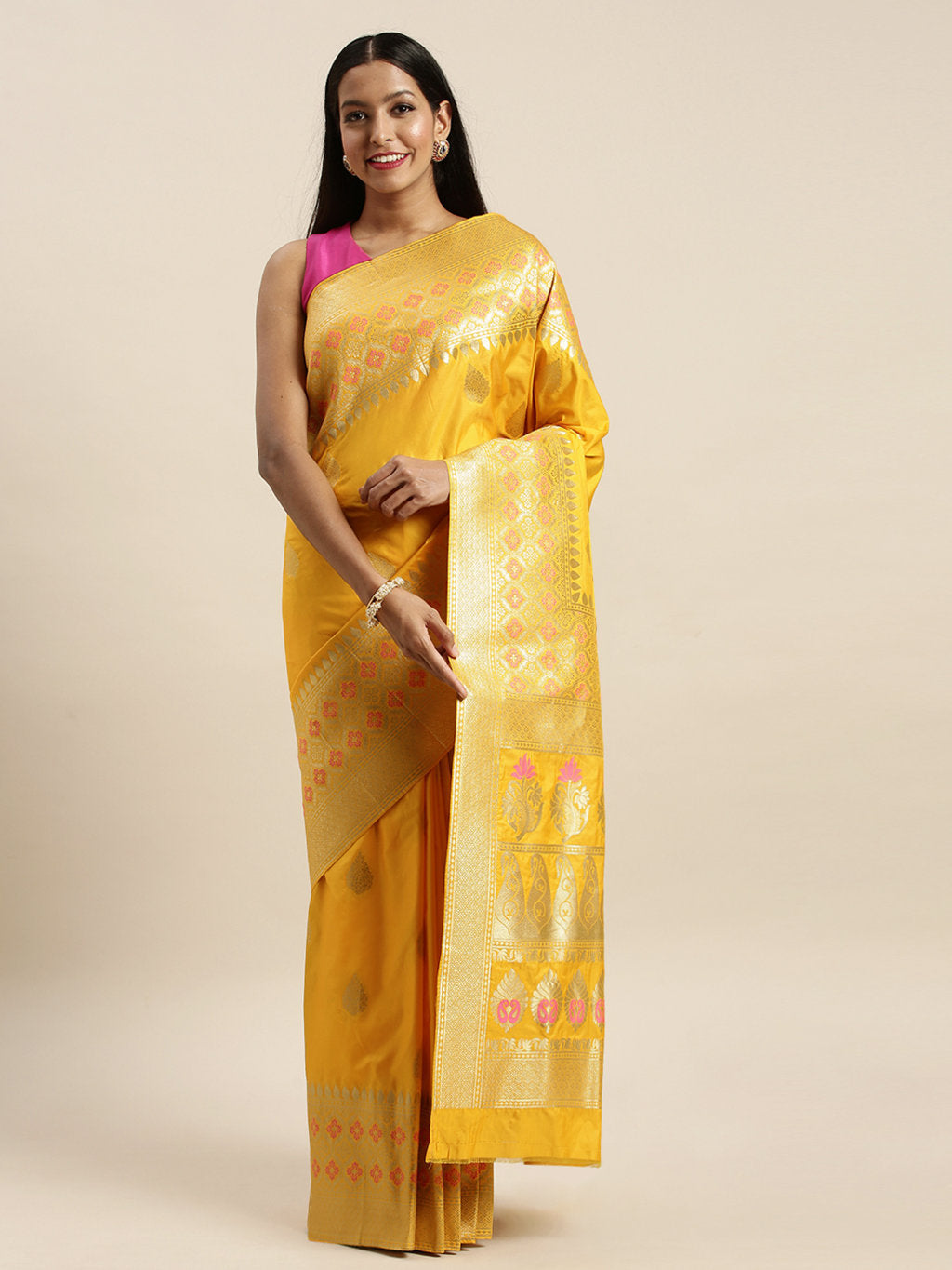 Women's Dark Yellow Jacquard Silk Jacquard Work Traditional Saree - Sangam Prints