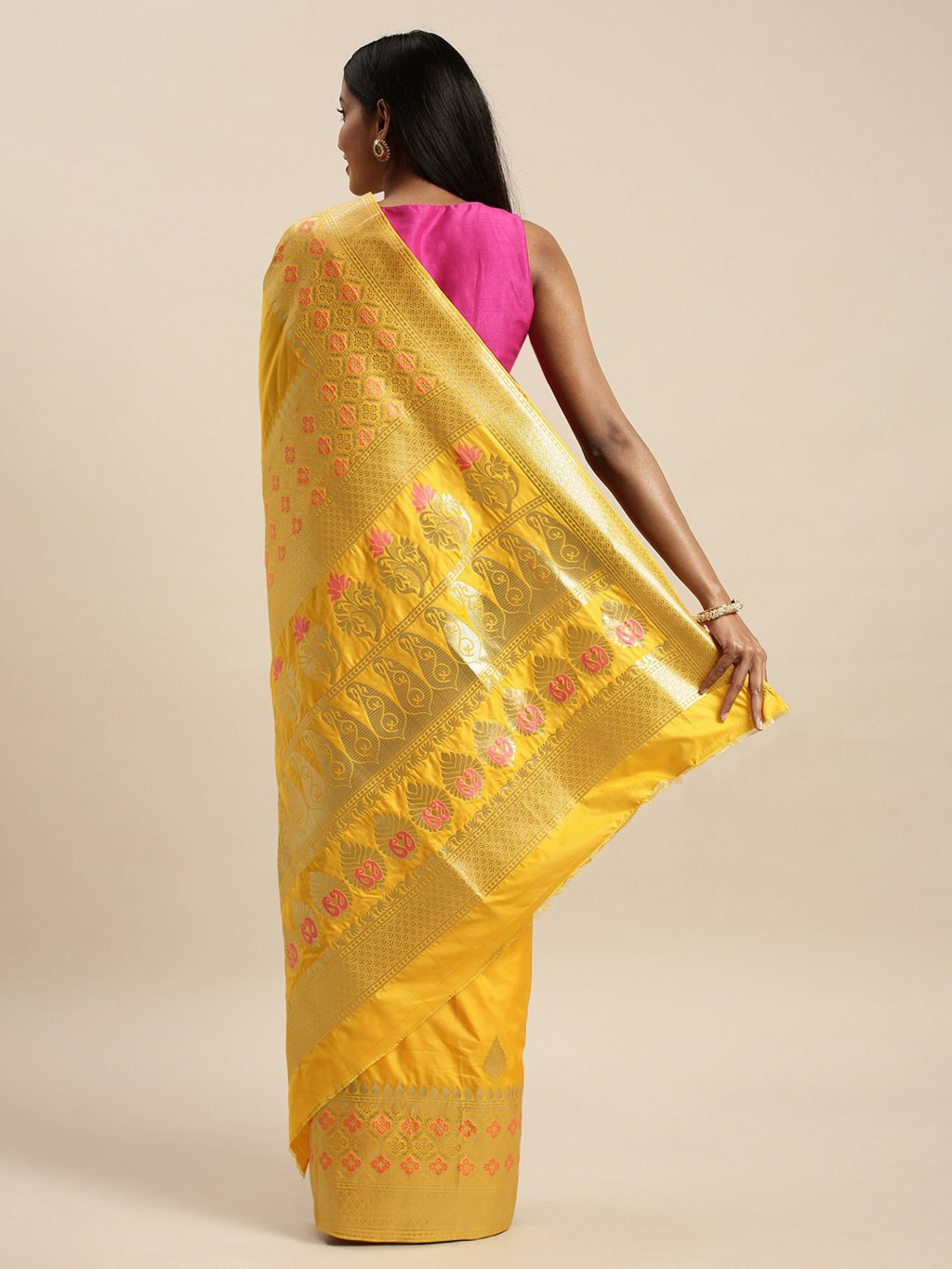 Women's Prints Dark Yellow Jacquard Silk Jacquard Work Traditional Saree - Sangam Prints