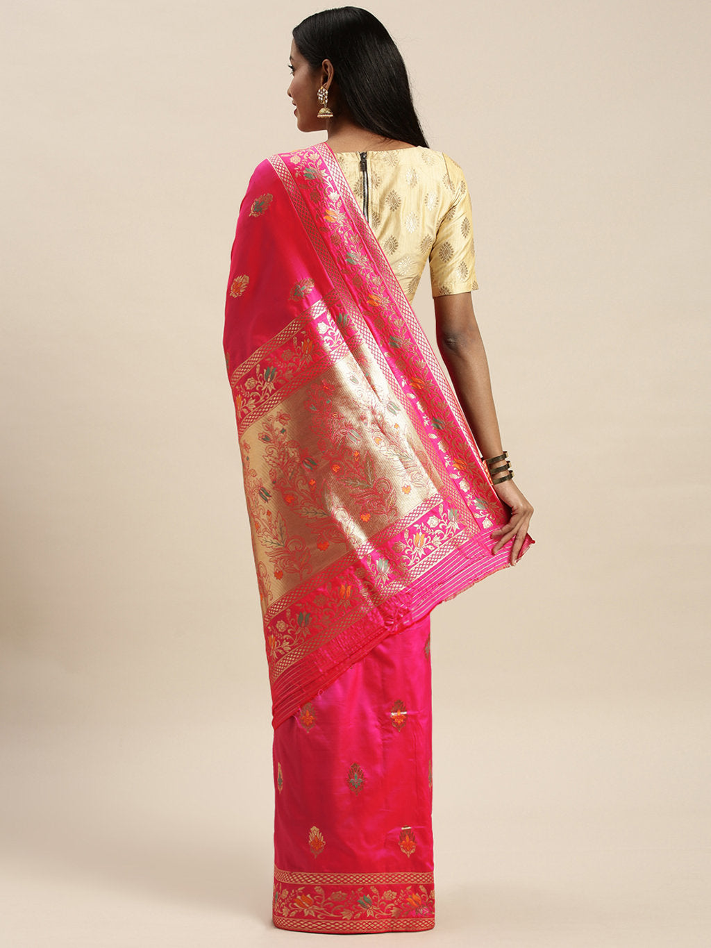 Women's Dark Pink Jacquard Silk Jacquard Work Traditional Saree - Sangam Prints