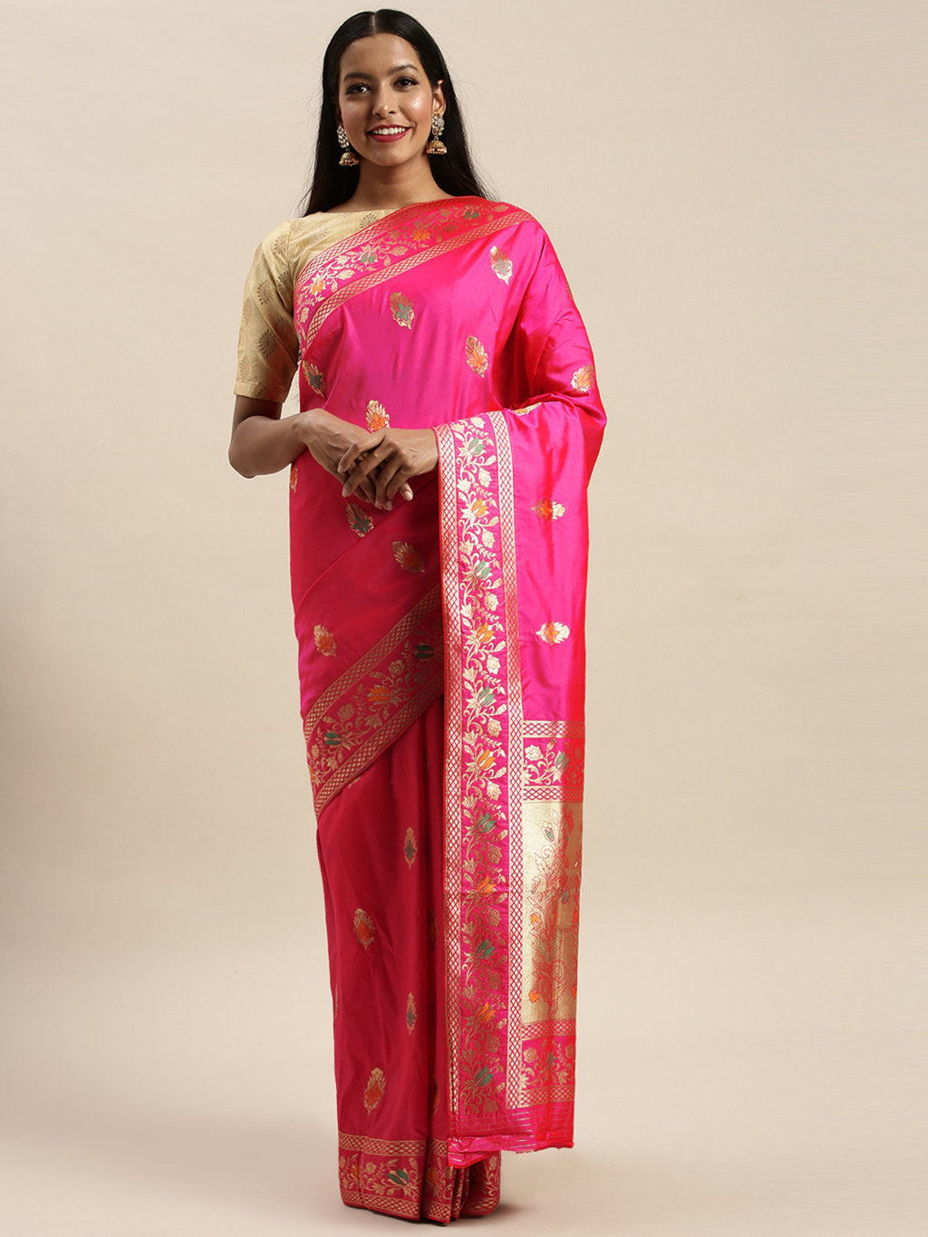 Women's Dark Pink Jacquard Silk Jacquard Work Traditional Saree - Sangam Prints
