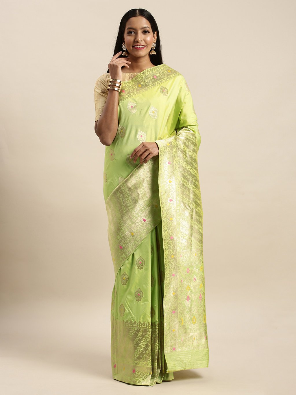 Women's Prints Parrot Green Jacquard Silk Jacquard Work Traditional Saree - Sangam Prints