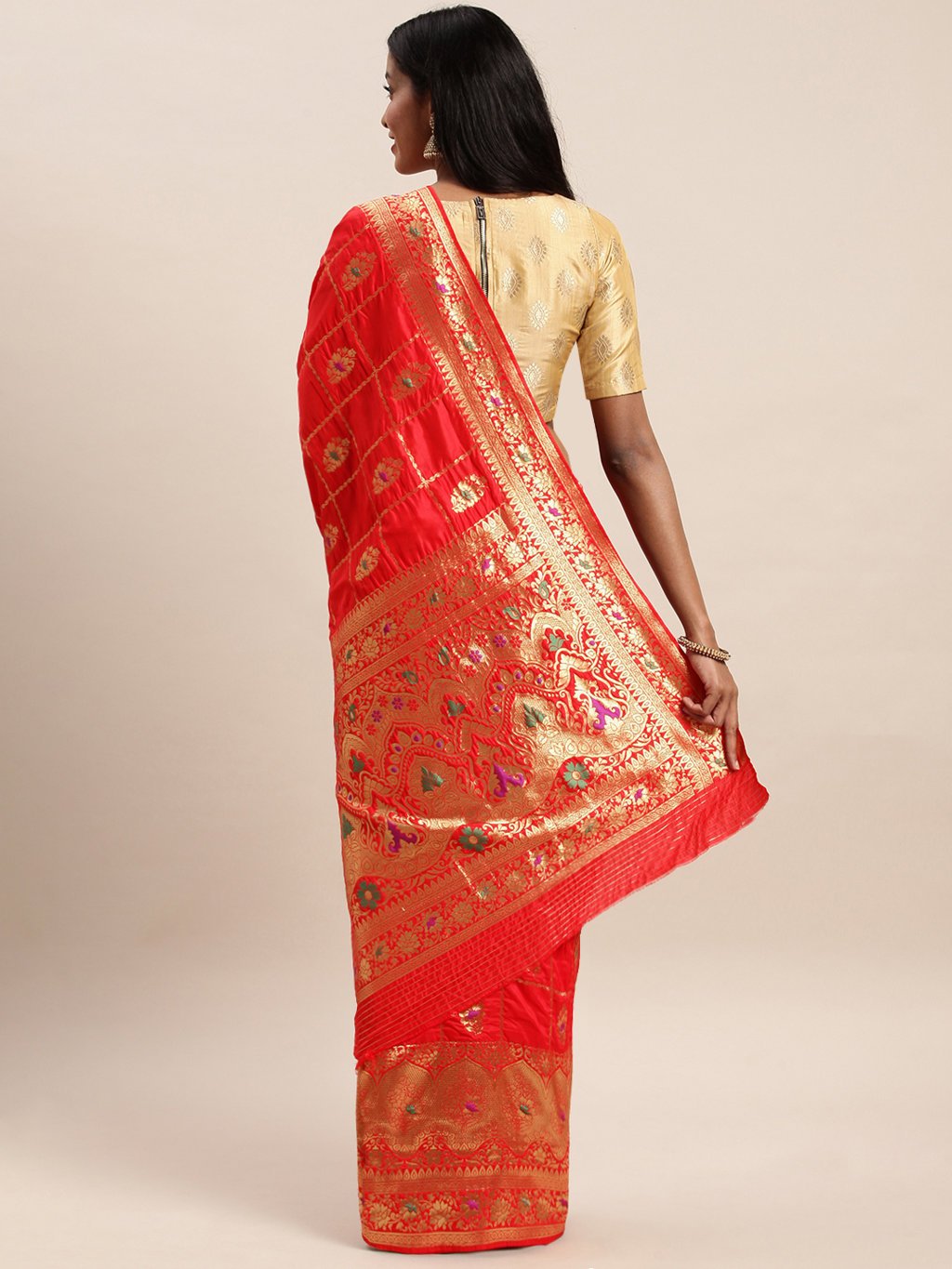 Women's Prints Red Jacquard Silk Jacquard Work Traditional Saree - Sangam Prints