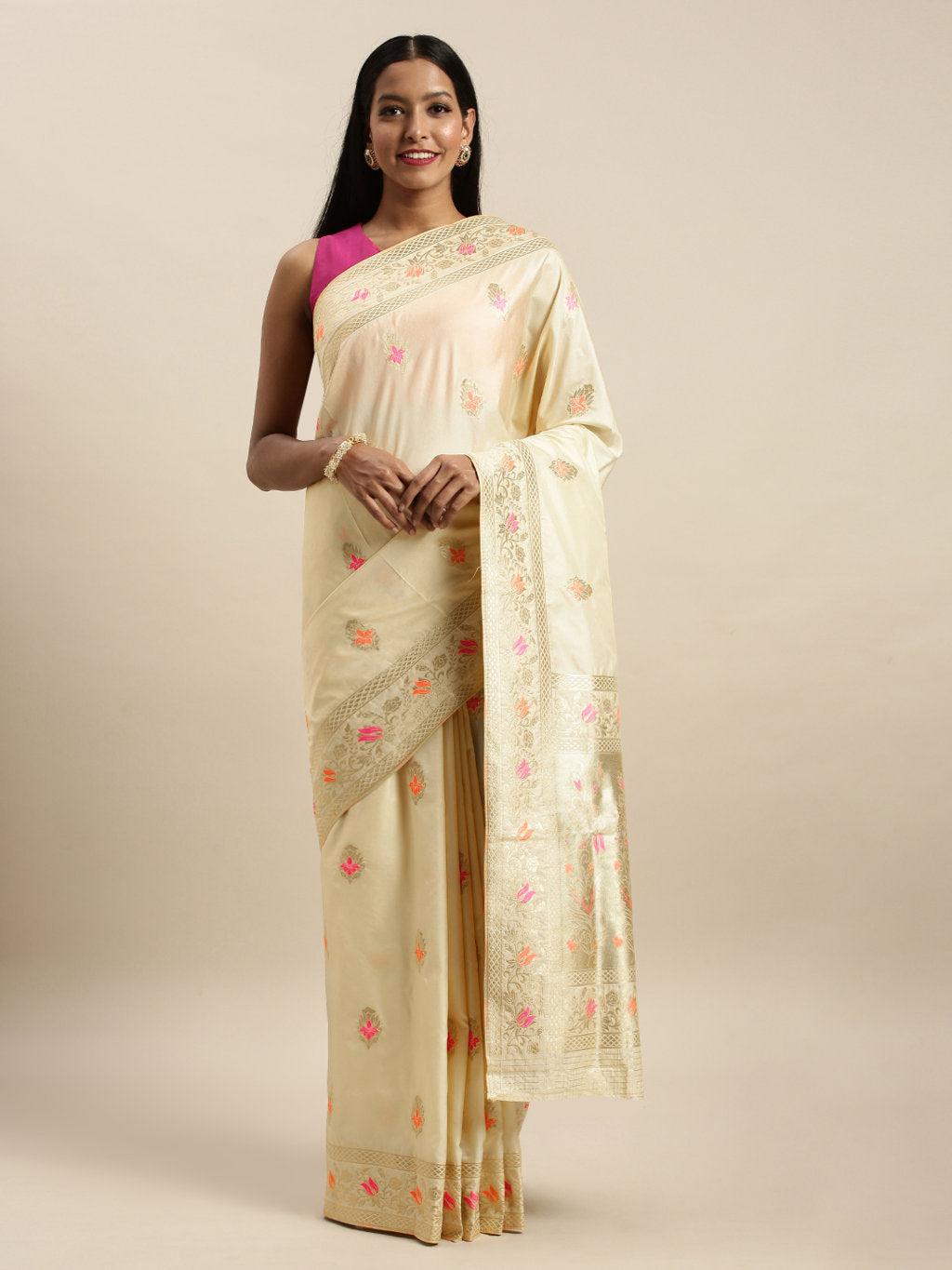 Women's Cream Jacquard Silk Jacquard Work Traditional Saree - Sangam Prints