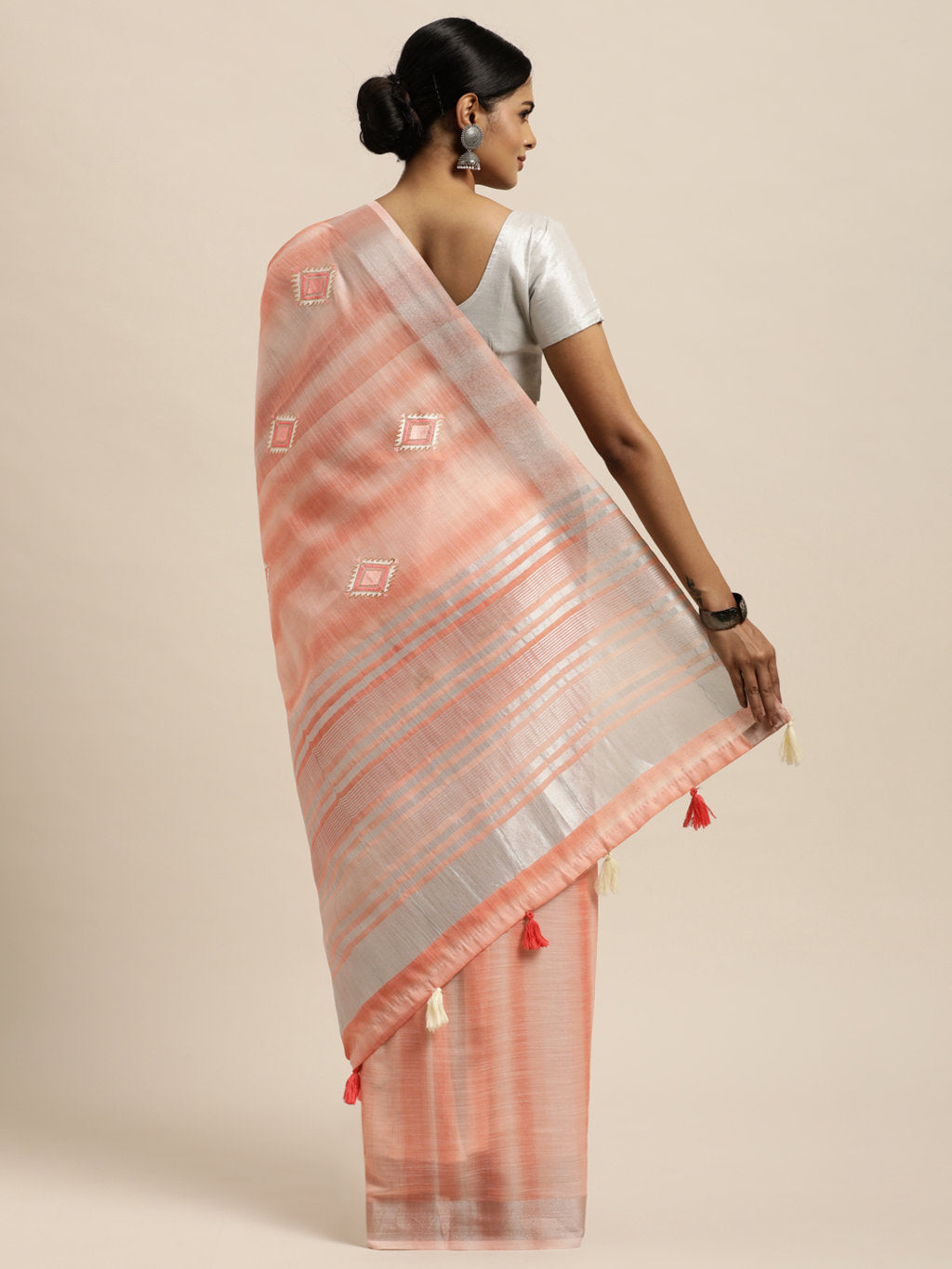 Women's Peach Linen Woven Work Traditional Tassle Saree - Sangam Prints