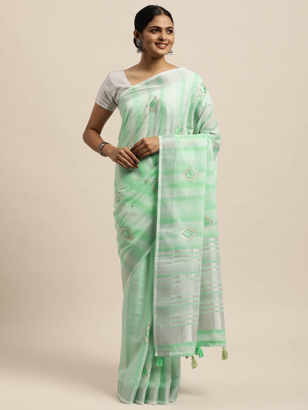 Women's Green Linen Woven Work Traditional Tassle Saree - Sangam Prints