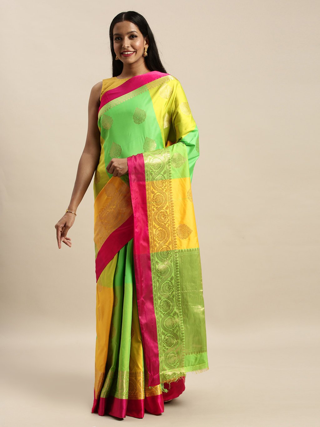 Women's Prints Green & Yellow Handloom Silk Woven Work Traditional Saree - Sangam Prints
