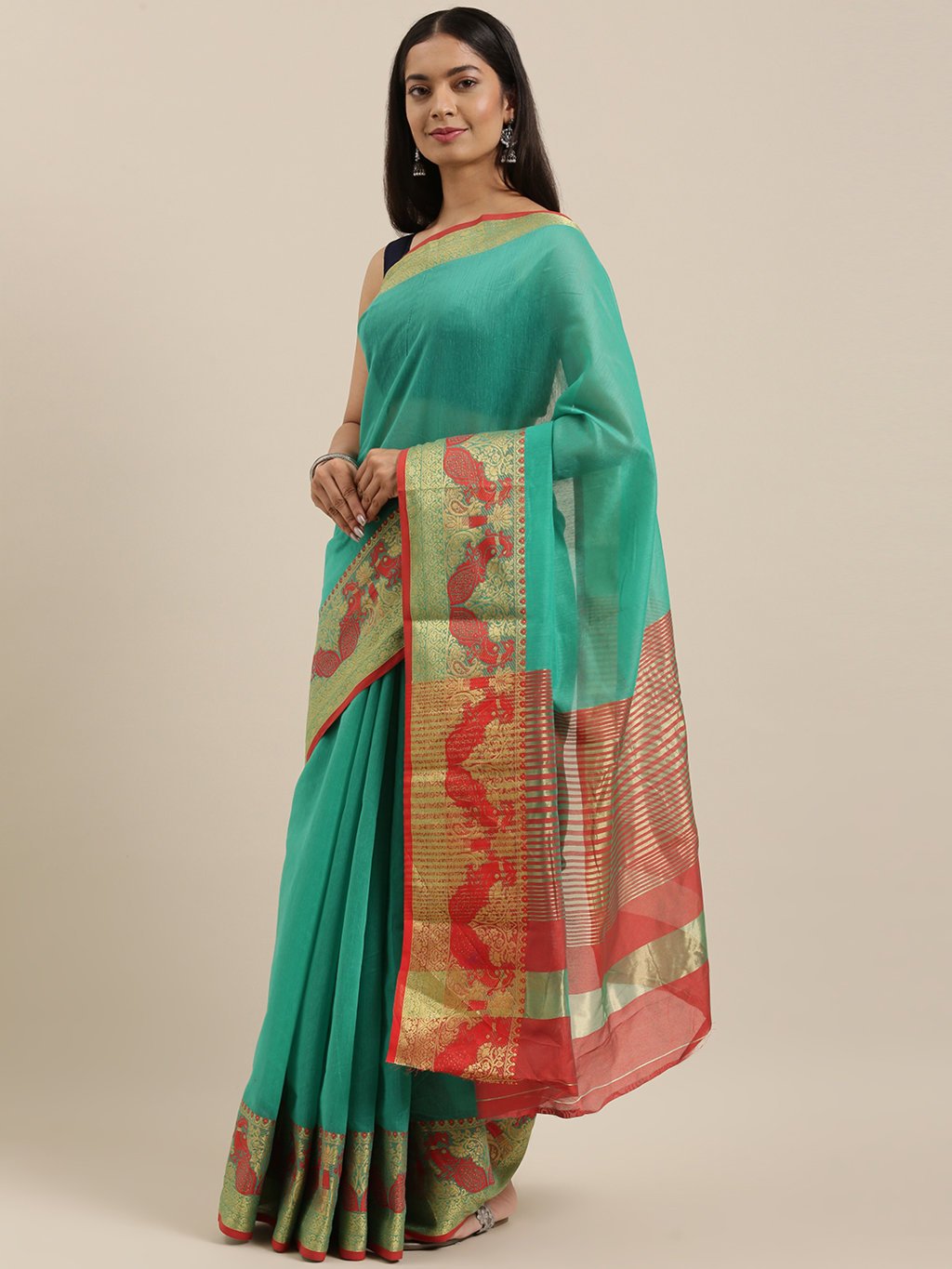 Women's Prints Green Cotton Handloom Woven Work Traditional Saree - Sangam Prints