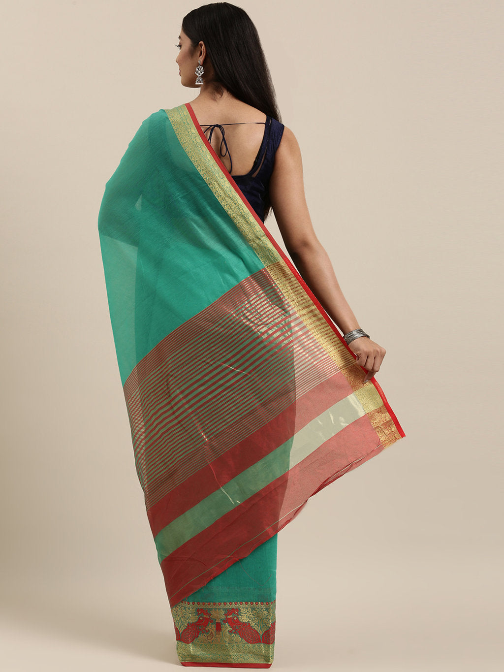 Women's Green Cotton Handloom Woven Work Traditional Saree - Sangam Prints