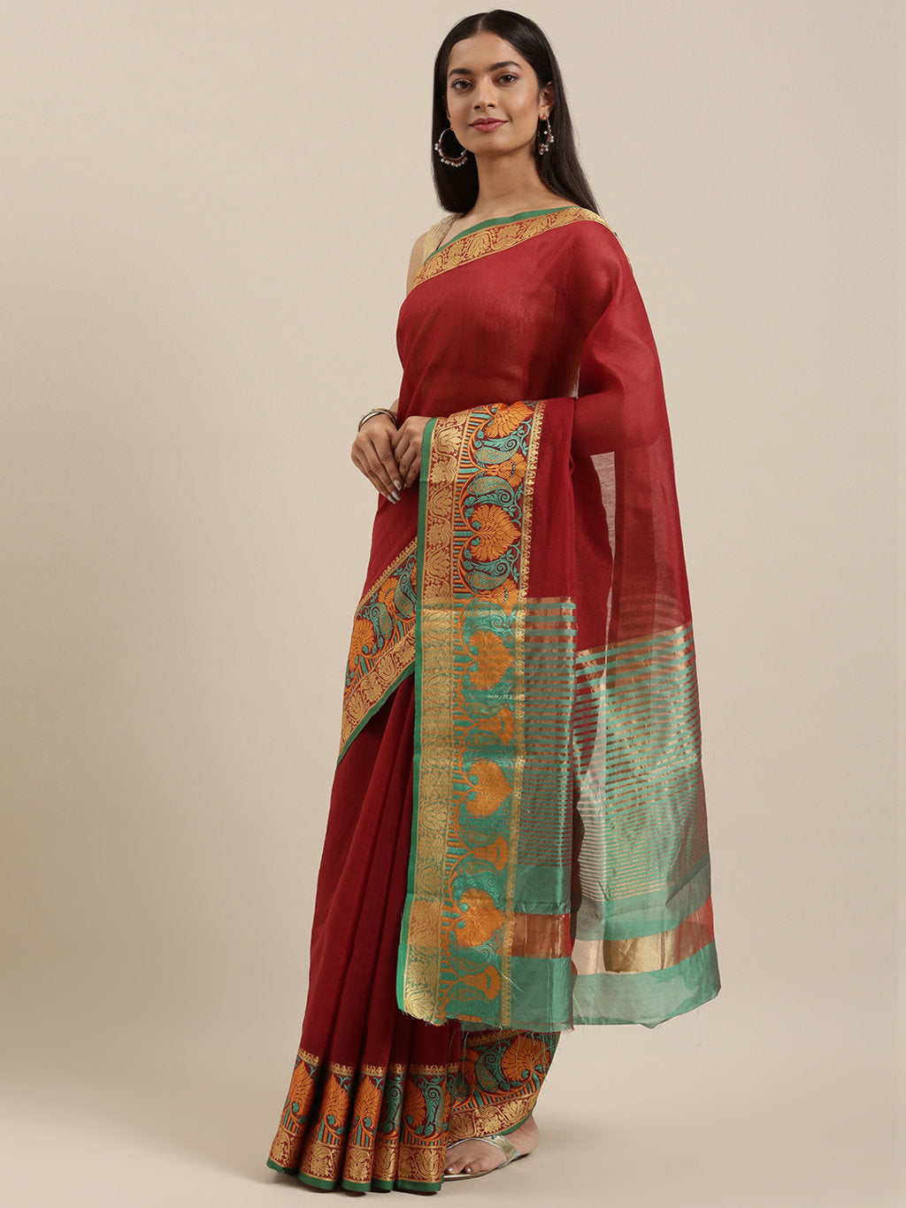 Women's Maroon Cotton Handloom Woven Work Traditional Saree - Sangam Prints