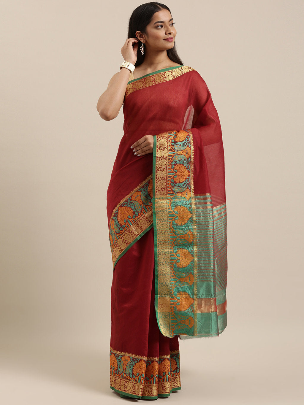 Women's Maroon Cotton Handloom Woven Work Traditional Saree - Sangam Prints
