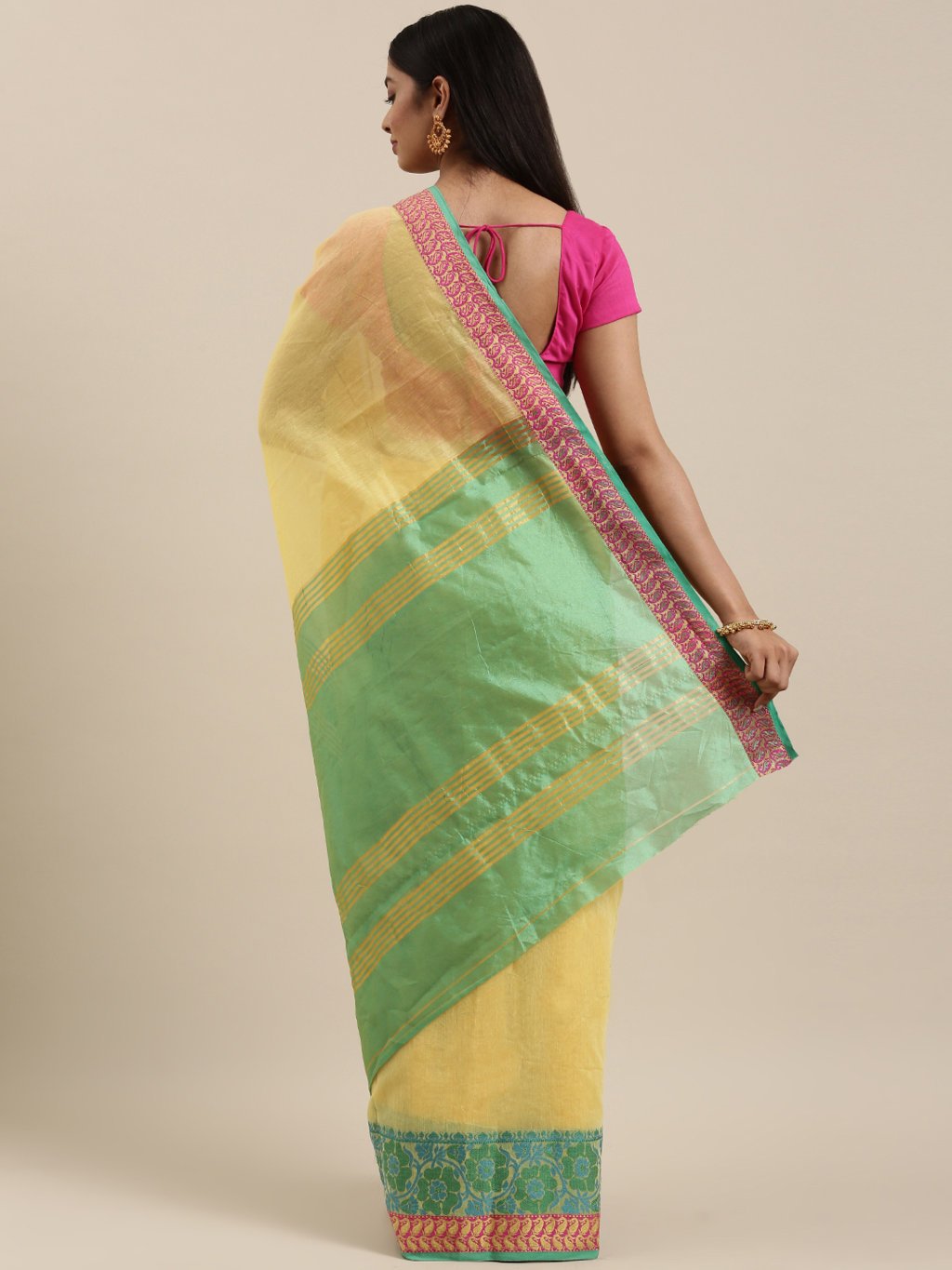 Women's Prints Yellow Cotton Handloom Woven Work Traditional Saree - Sangam Prints