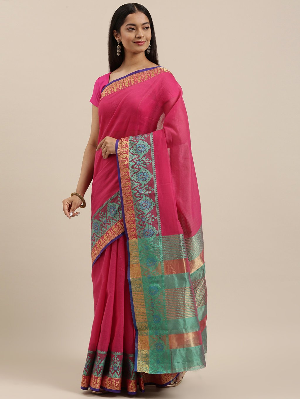 Women's Prints Pink Cotton Handloom Woven Work Traditional Saree - Sangam Prints