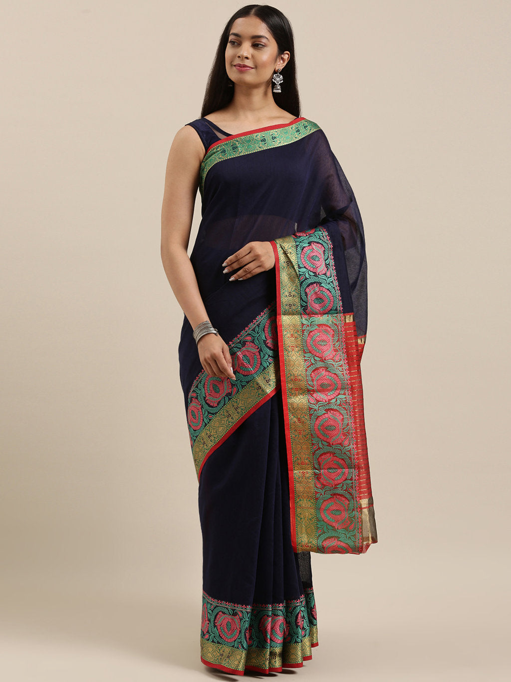 Women's Navy Blue Cotton Handloom Woven Work Traditional Saree - Sangam Prints