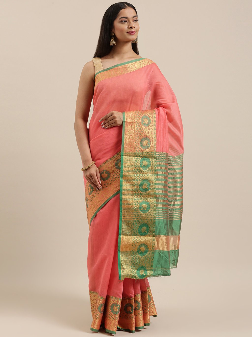 Women's Prints Peach Cotton Handloom Woven Work Traditional Saree - Sangam Prints