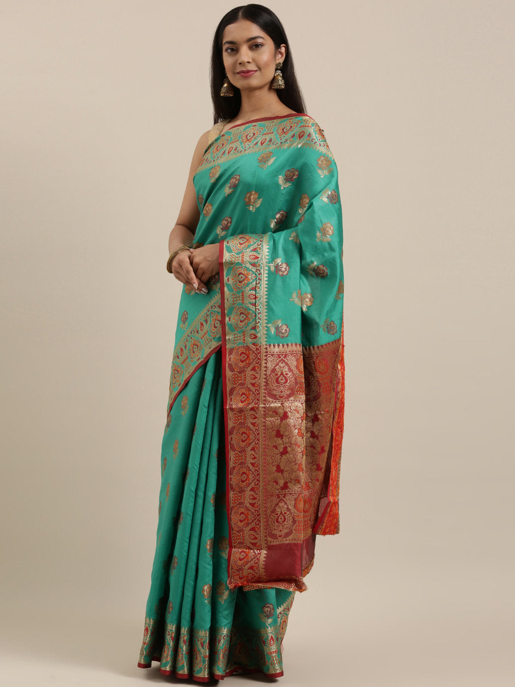 Women's Green Heavy Banarasi Silk Woven Work Traditional Saree - Sangam Prints