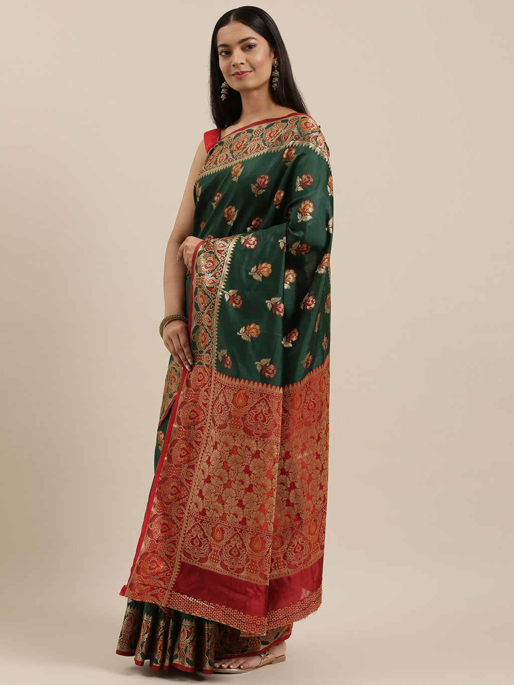 Women's Dark Green Heavy Banarasi Silk Woven Work Traditional Saree - Sangam Prints