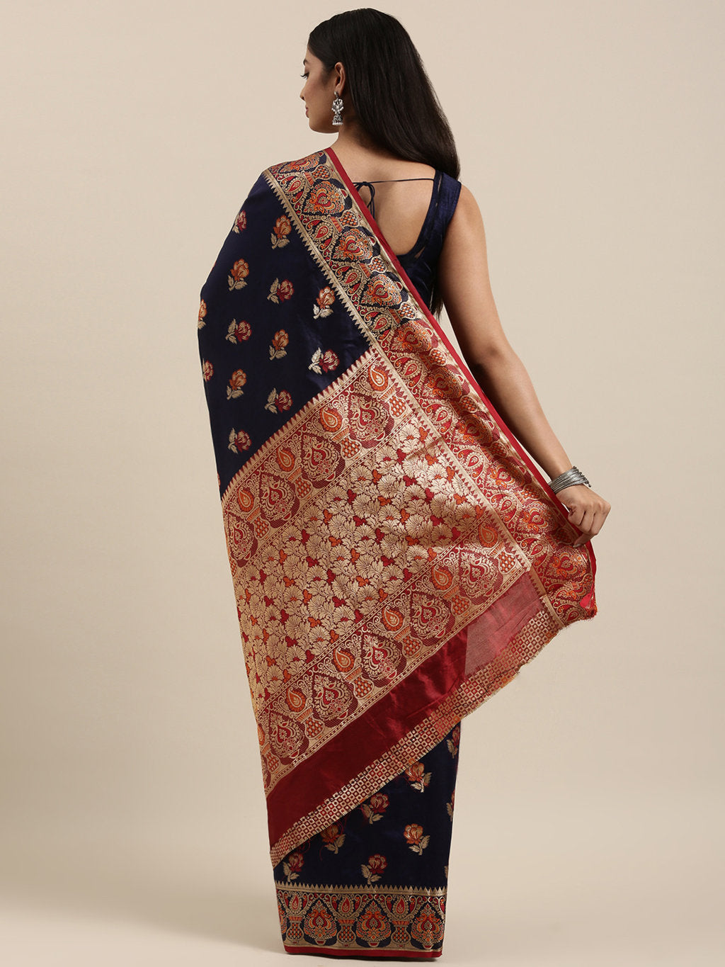 Women's Navy Blue Heavy Banarasi Silk Woven Work Traditional Saree - Sangam Prints