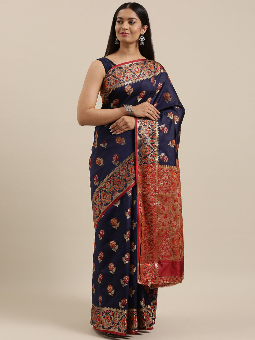 Women's Navy Blue Heavy Banarasi Silk Woven Work Traditional Saree - Sangam Prints