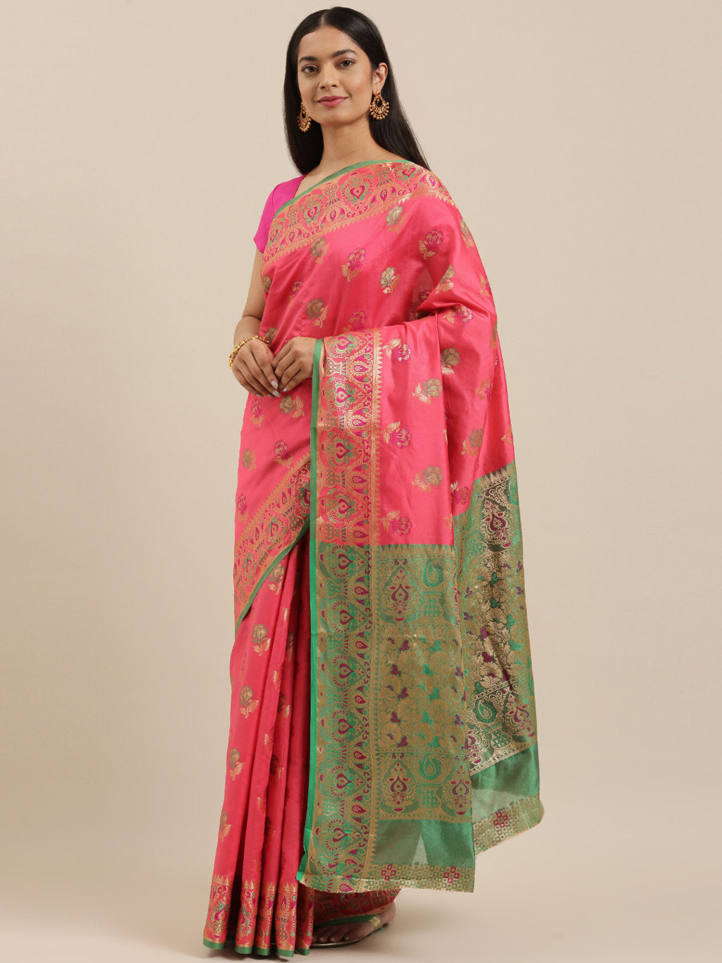 Women's Pink Heavy Banarasi Silk Woven Work Traditional Saree - Sangam Prints