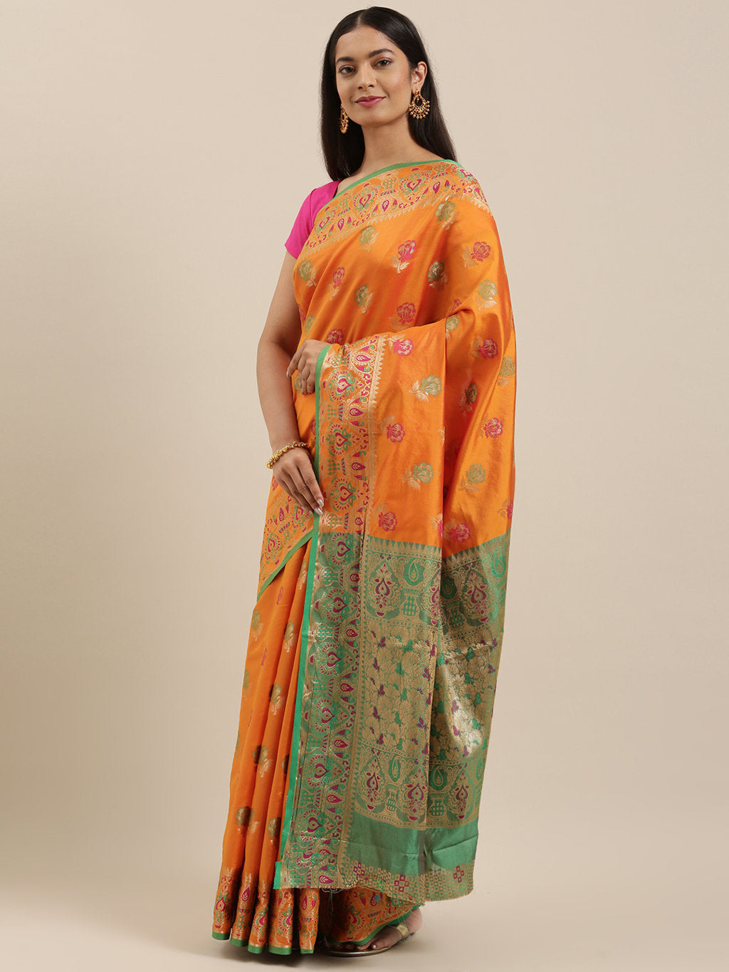 Women's Orange Heavy Banarasi Silk Woven Work Traditional Saree - Sangam Prints