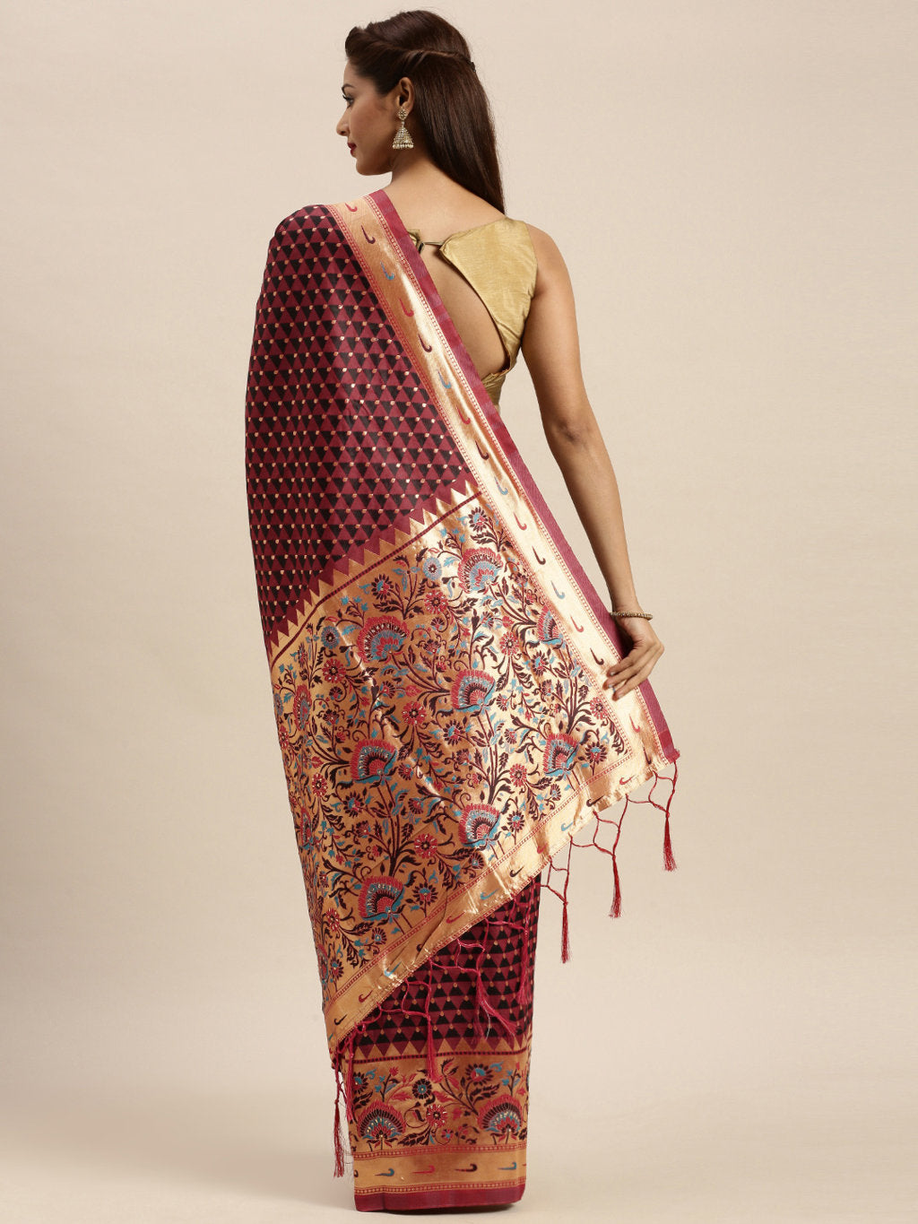 Women's Maroon Silk Stonework Traditional Saree - Sangam Prints
