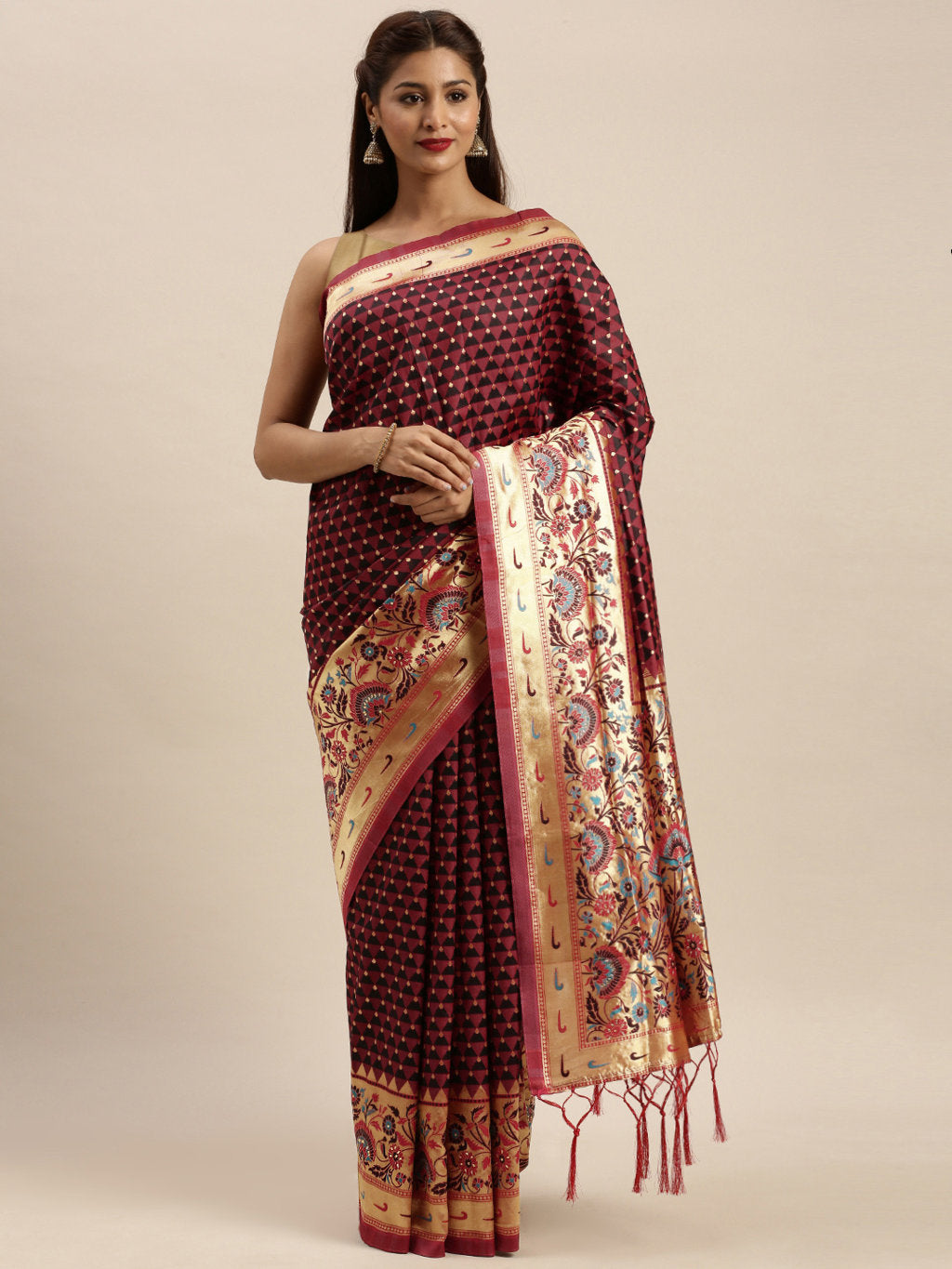 Women's Maroon Silk Stonework Traditional Saree - Sangam Prints
