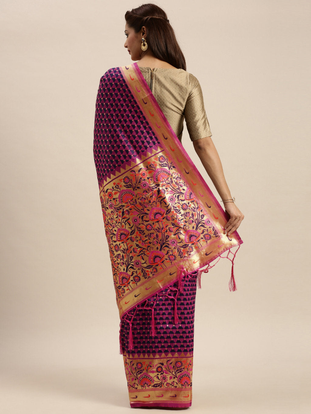 Women's Purple Silk Stonework Traditional Saree - Sangam Prints