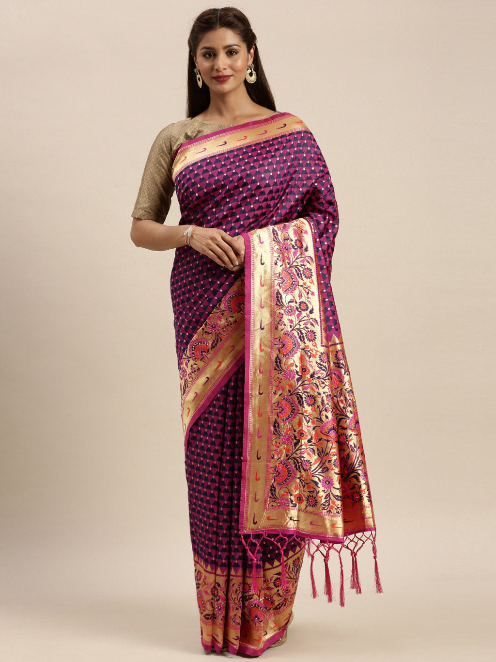 Women's Purple Silk Stonework Traditional Saree - Sangam Prints