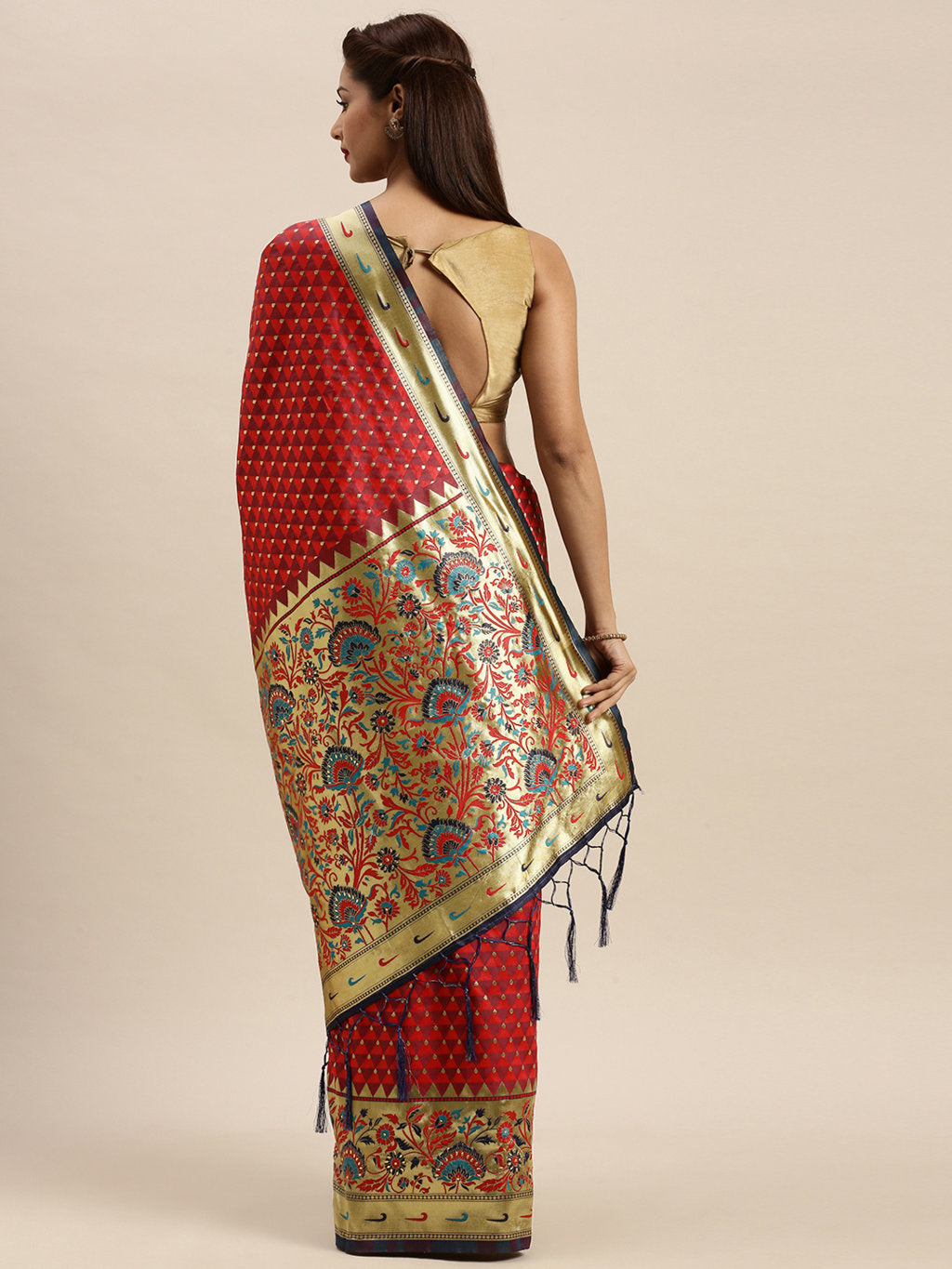 Women's Red Silk Stonework Traditional Saree - Sangam Prints