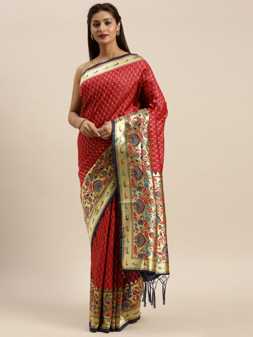 Women's Red Silk Stonework Traditional Saree - Sangam Prints