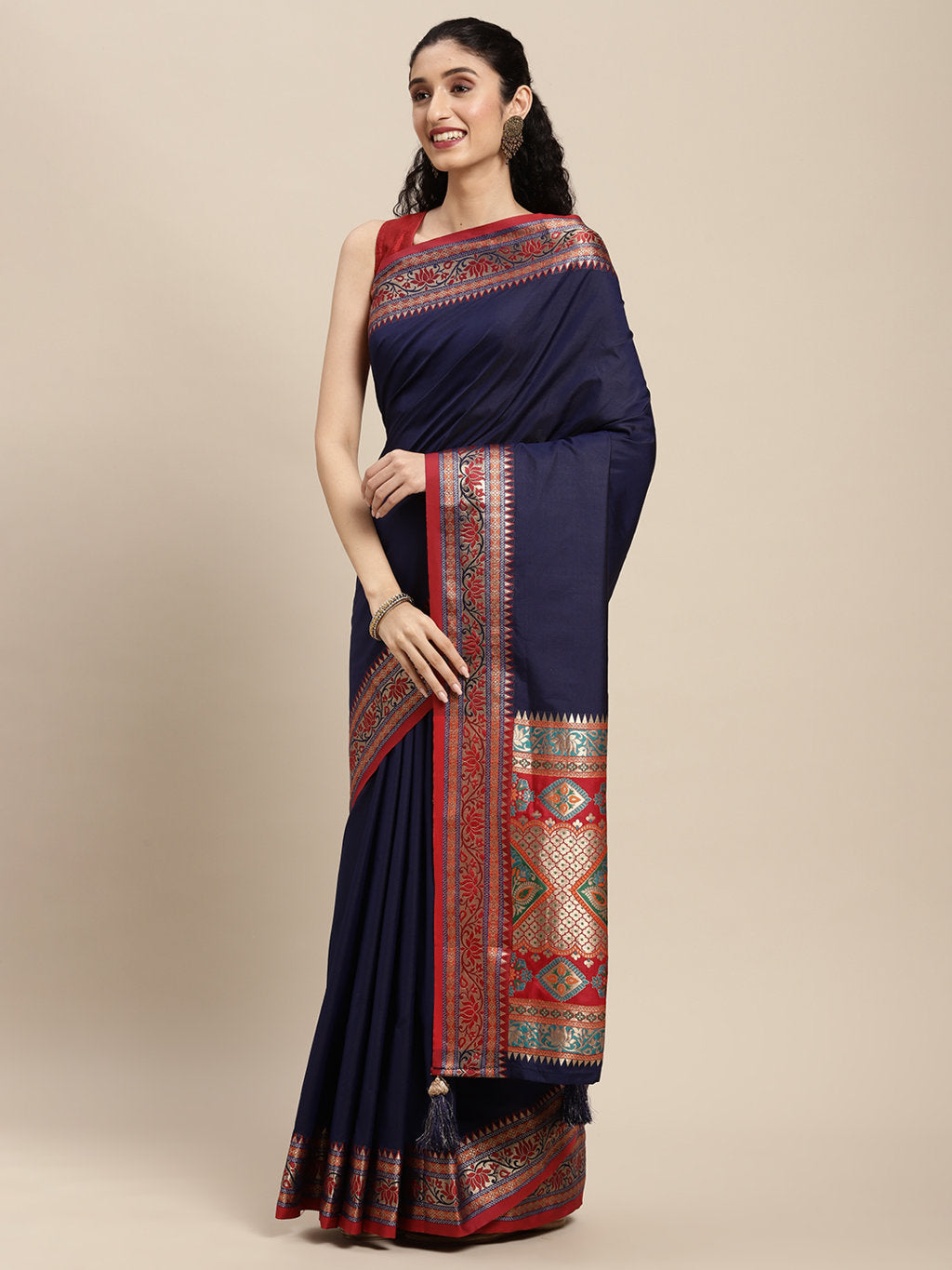 Women's Navy Blue Silk Woven Work Traditional Tassle Saree - Sangam Prints
