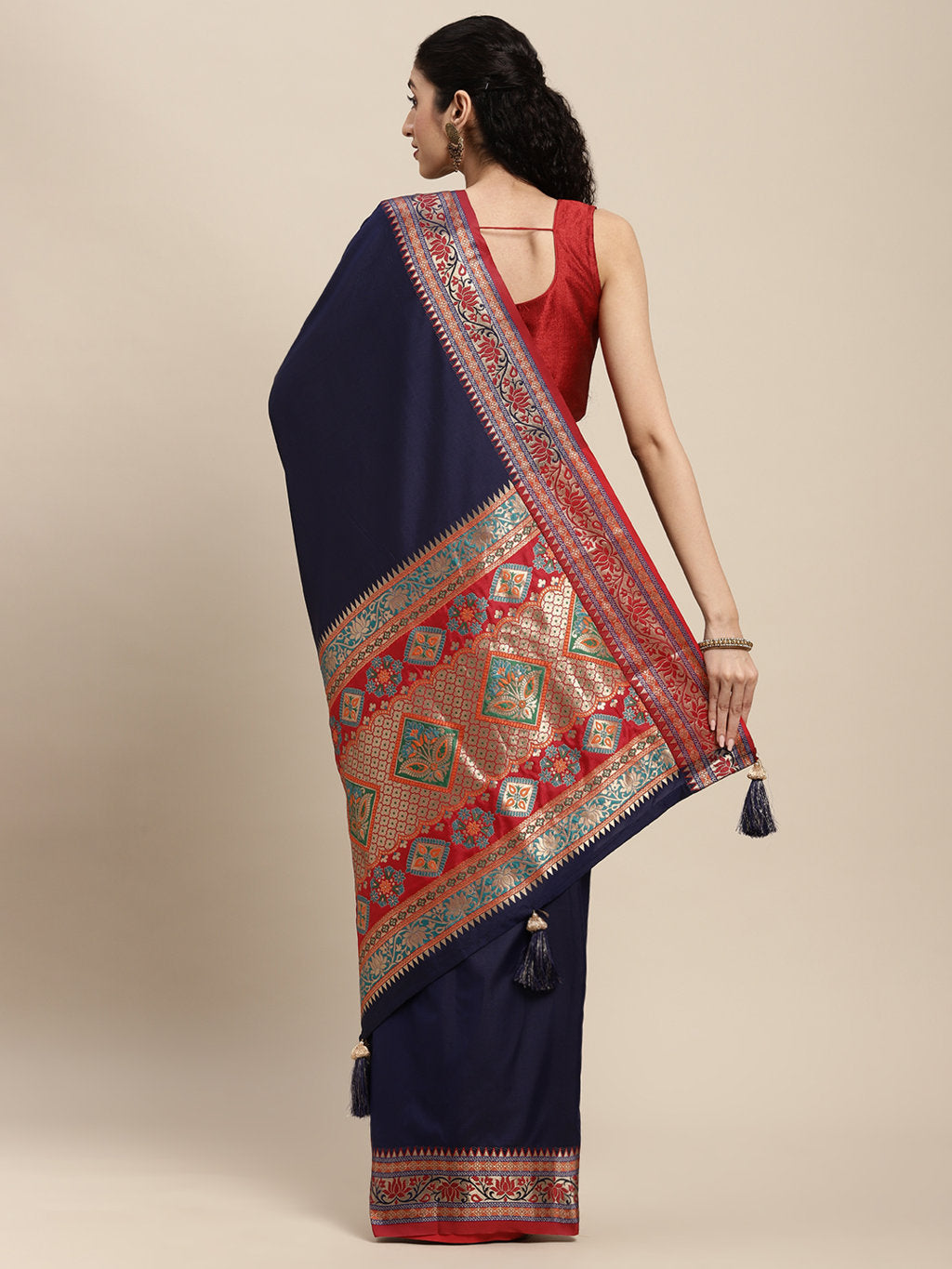 Women's Navy Blue Silk Woven Work Traditional Tassle Saree - Sangam Prints