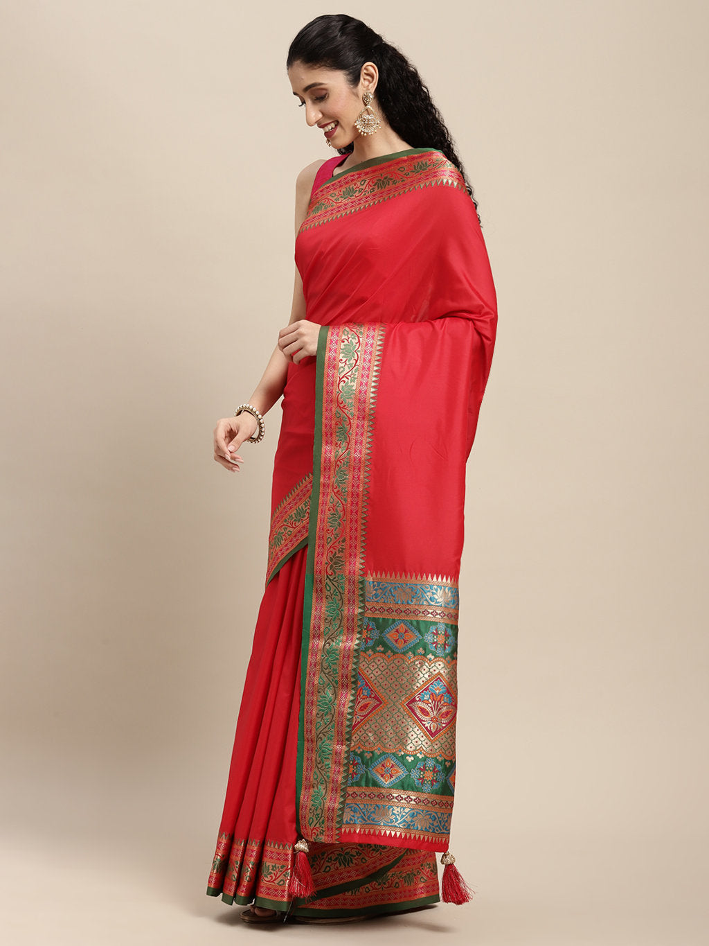 Women's Red Silk Woven Work Traditional Tassle Saree - Sangam Prints