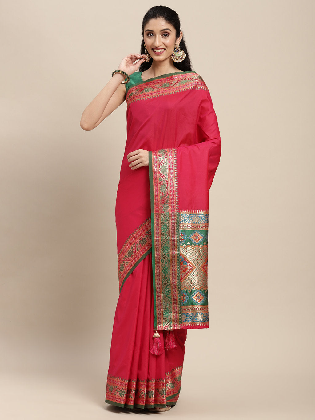 Women's Dark Pink Silk Woven Work Traditional Tassle Saree - Sangam Prints