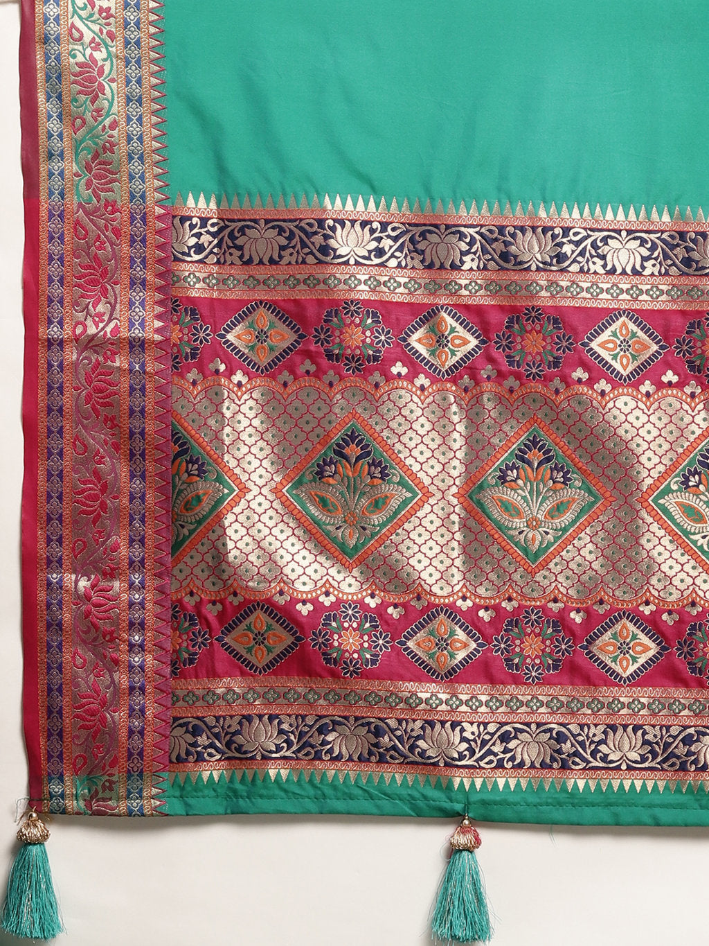 Women's Rama Green Silk Woven Work Traditional Tassle Saree - Sangam Prints