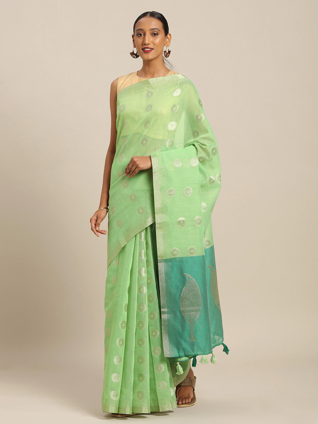 Women's Light Green Linen Cotton Zari Work Traditional Saree - Sangam Prints