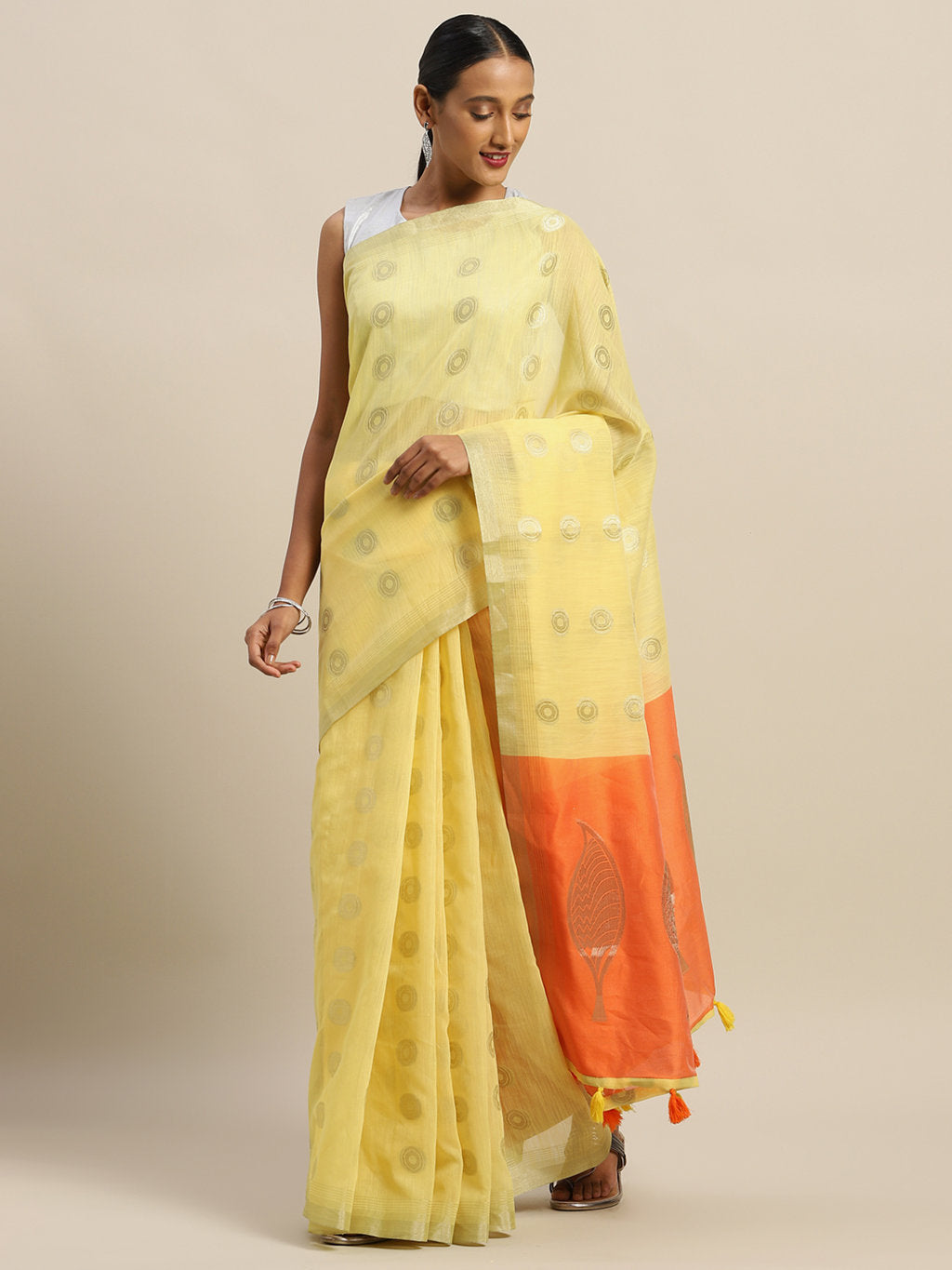 Women's Yellow Linen Cotton Zari Work Traditional Saree - Sangam Prints