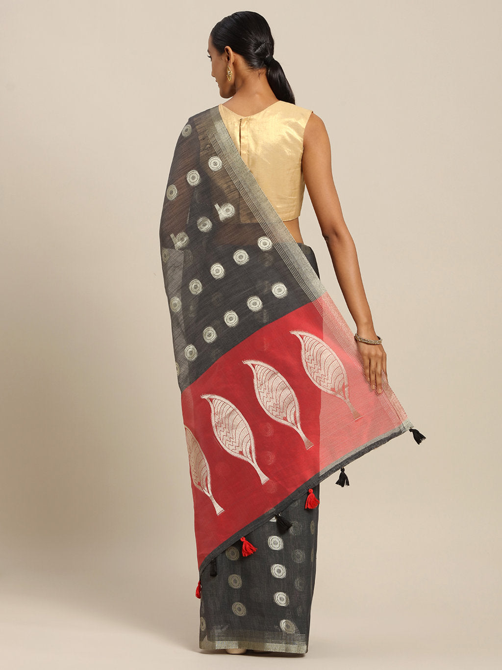 Women's Grey Linen Cotton Zari Work Traditional Saree - Sangam Prints