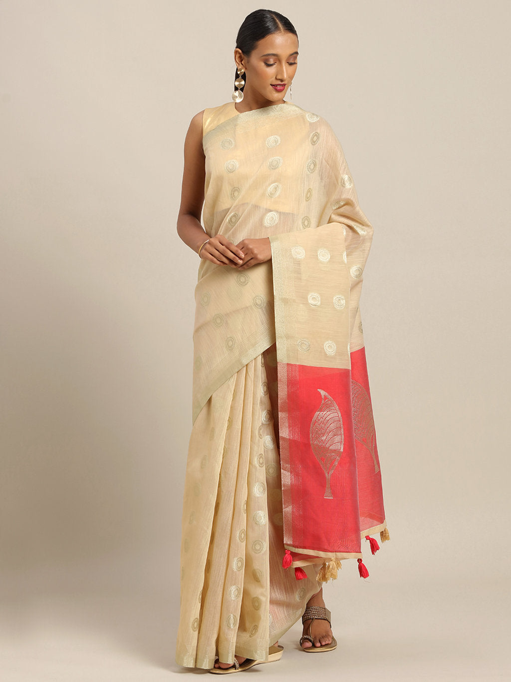 Women's Cream Linen Cotton Zari Work Traditional Saree - Sangam Prints